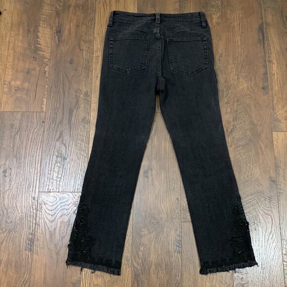 Free People High Rise Embroidered Raw Hem Black Cropped Straight Leg Jeans - Picture 5 of 5